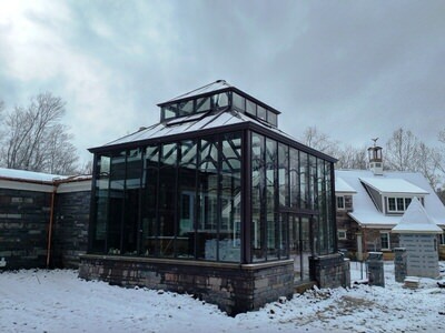 Custom Glass Greenhouse with Handcrafted Glass Cupola